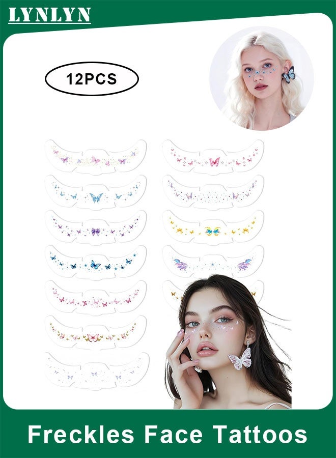 LYNLYN 12PCS Butterfly and Flower Glitter Freckles Face Tattoos, Holographic Waterproof Temporary Makeup Stickers, Sparkle Face Patches for Festivals, Parties, Kids and Women - Image 1